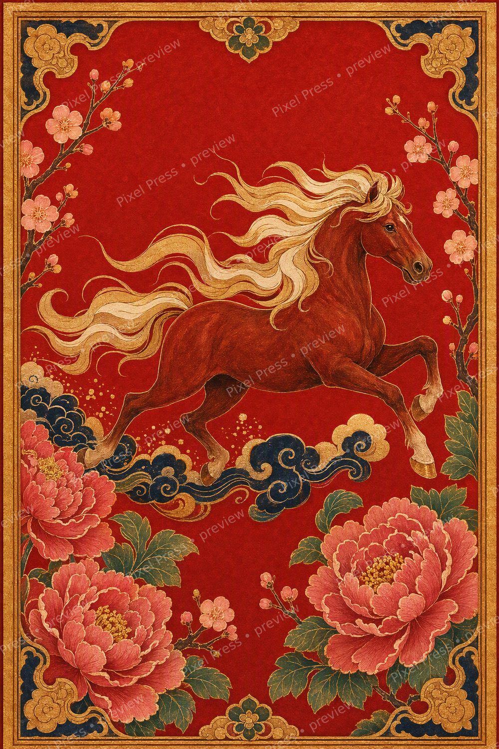 Year of the Horse 2026 Wall Art Printable Set, Lunar New Year Horse Decor — artwork preview (watermarked)