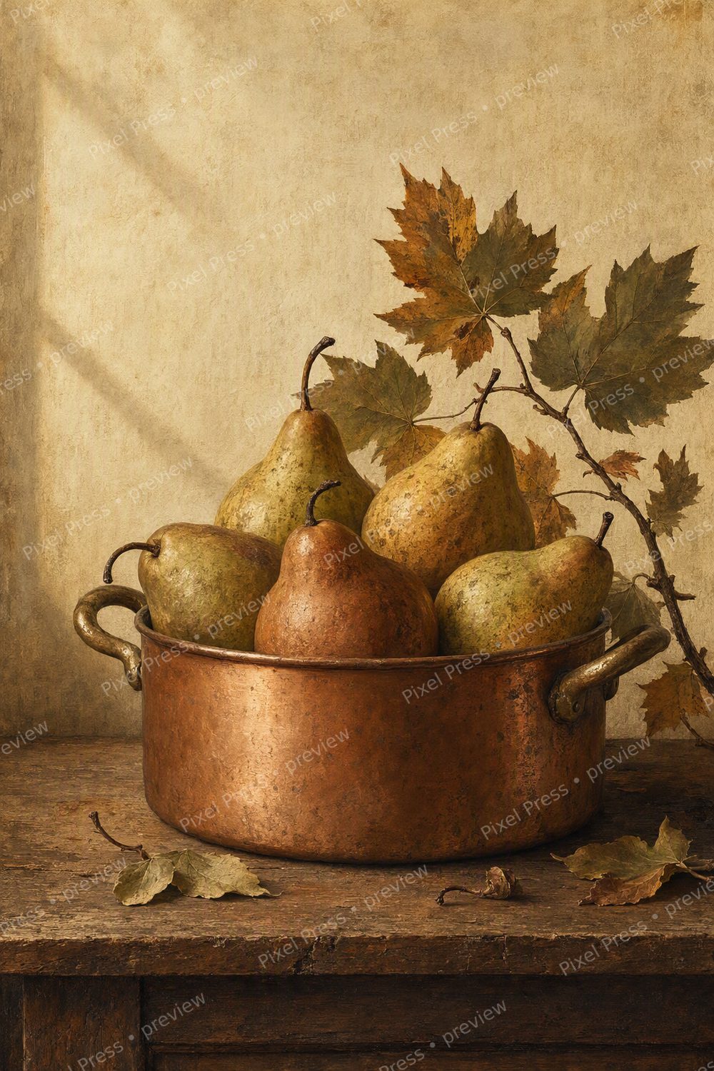 Autumn Kitchen Wall Art Printable Set, Vintage Fall Botanical Prints with Heirloom Pears & Copper Cookware — artwork preview (watermarked)