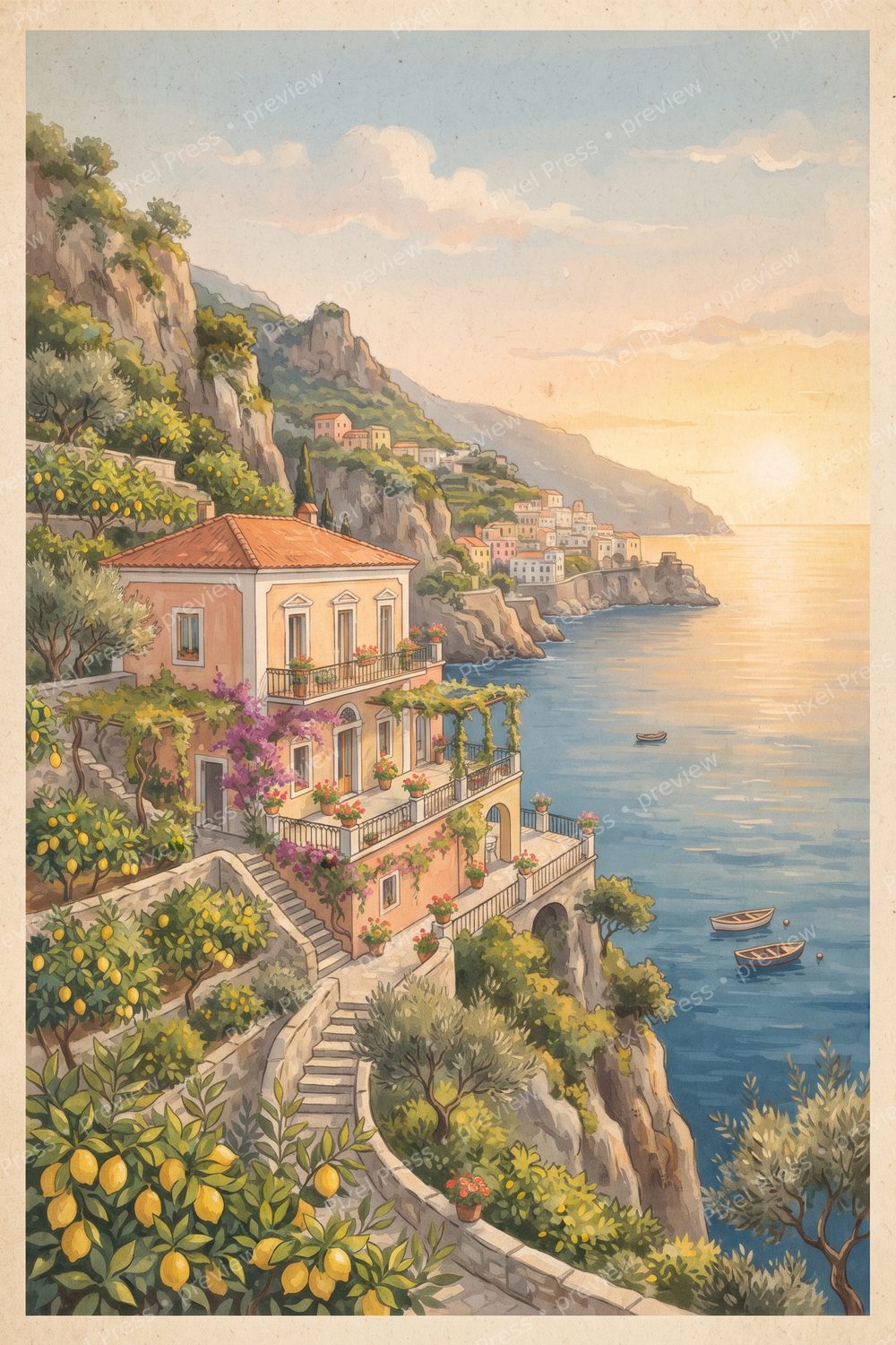 Amalfi Coast Wall Art Set, Mediterranean Sea Printables, Coastal Cliffside Gallery Wall, Italian Summer Digital Art (6 Piece Set) — artwork preview (watermarked)