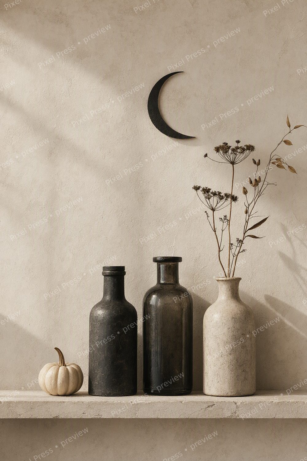 Minimalist Halloween Wall Art Printable Set, Neutral Black & Cream Apothecary Prints — artwork preview (watermarked)
