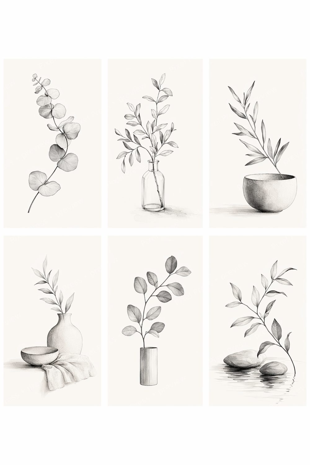 Minimalist Bathroom Wall Art Printable, Black and White Botanical Bathroom Wall Art Set of 3, Neutral Spa Bathroom Decor Download — artwork preview (watermarked)