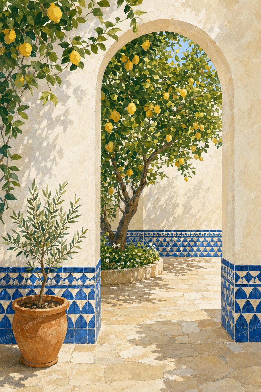 Mediterranean Lemon Wall Art Printable Set, Italian Summer Blue Tile Kitchen Decor — artwork preview (watermarked)