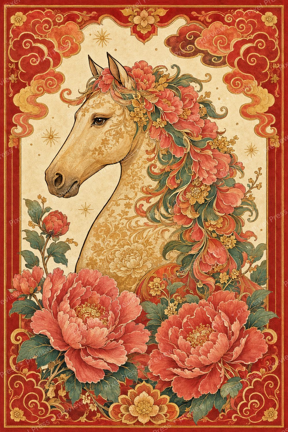 2026 Year of the Horse Wall Art Printable Set, Red Gold Lunar New Year Decor — artwork preview (watermarked)