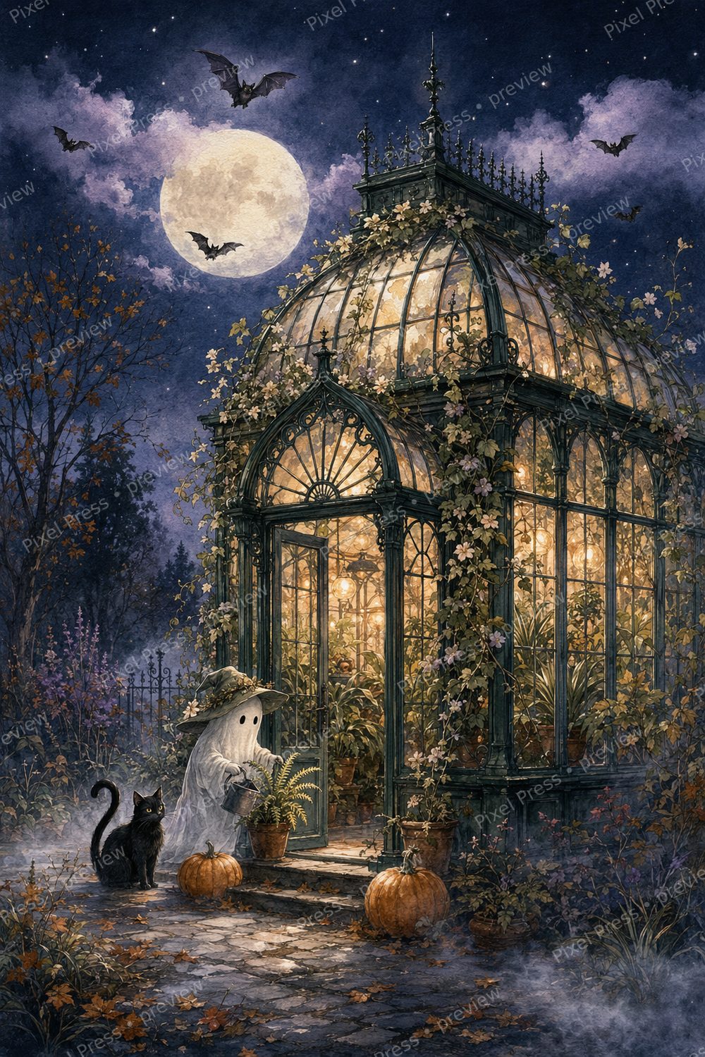 Haunted Greenhouse Wall Art Printable Set, Watercolor Halloween Decor — artwork preview (watermarked)