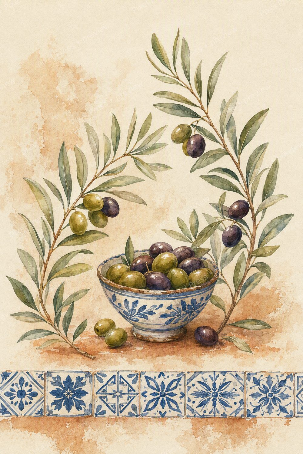 Láminas Decorativas Cocina Botánicas | Spanish Mediterranean Kitchen Wall Art Set — artwork preview (watermarked)