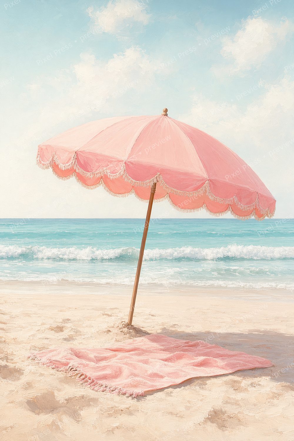 Pink Beach Wall Art Printable Set, Summer Coastal Wall Art Set, Pink Parasol Beach Print Bundle, Feminine Coastal Bedroom Decor — artwork preview (watermarked)