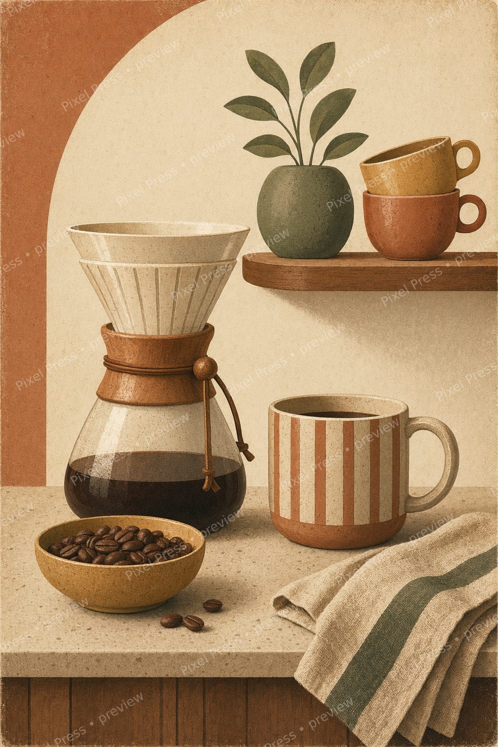 Retro Coffee Bar Wall Art Printable Set, Vintage Kitchen Wall Art Bundle, Mid Century Coffee Corner Prints, Breakfast Nook Digital Download — artwork preview (watermarked)