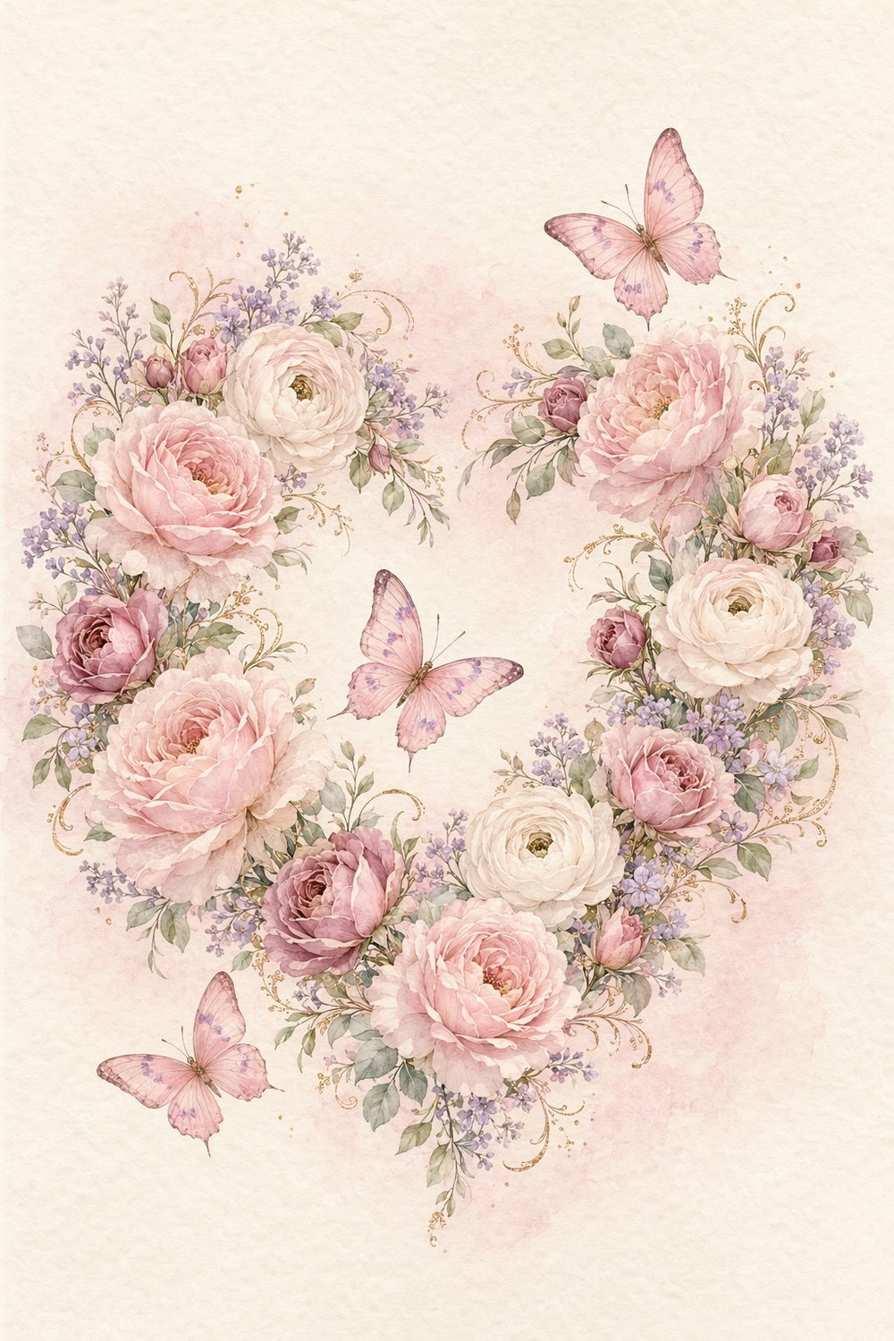 Pastel Valentine Butterfly Wall Art Printable Set, Pink Floral Heart Gallery Prints — artwork preview (watermarked)