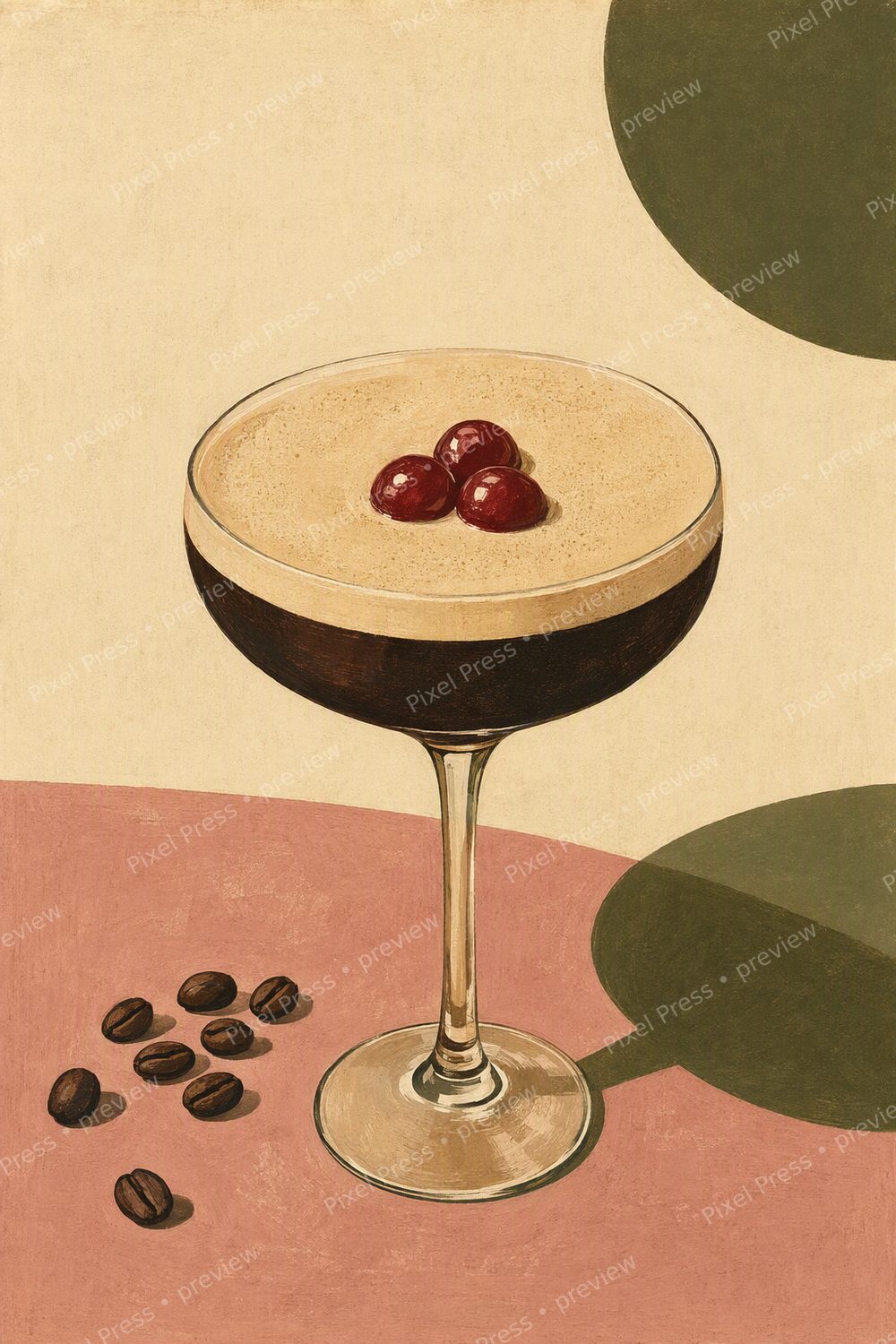 Espresso Martini Wall Art Printable Set, Retro Olive & Cherry Kitchen Decor — artwork preview (watermarked)