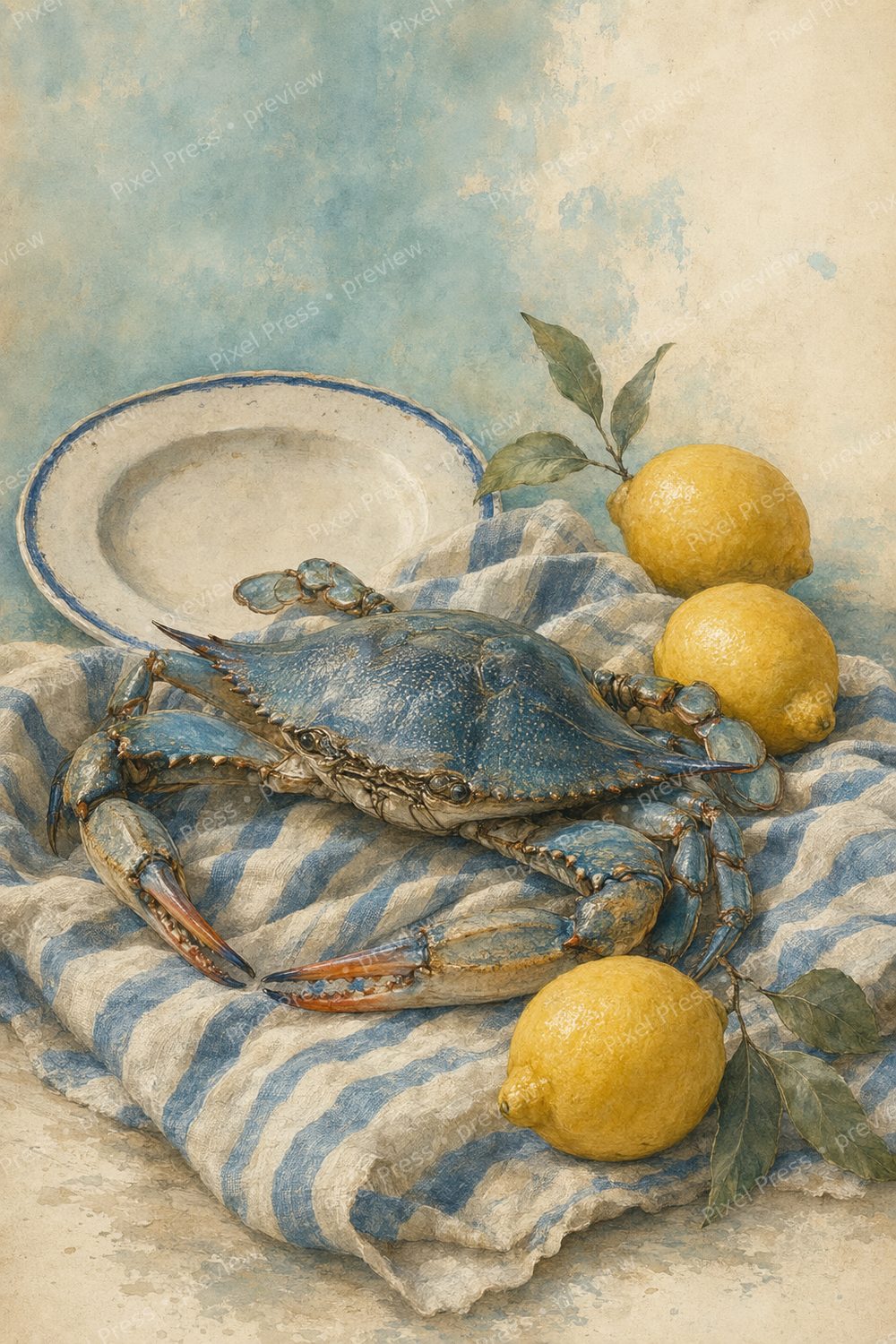 Vintage Blue Crab Wall Art Printable Set, Coastal Kitchen Decor — artwork preview (watermarked)