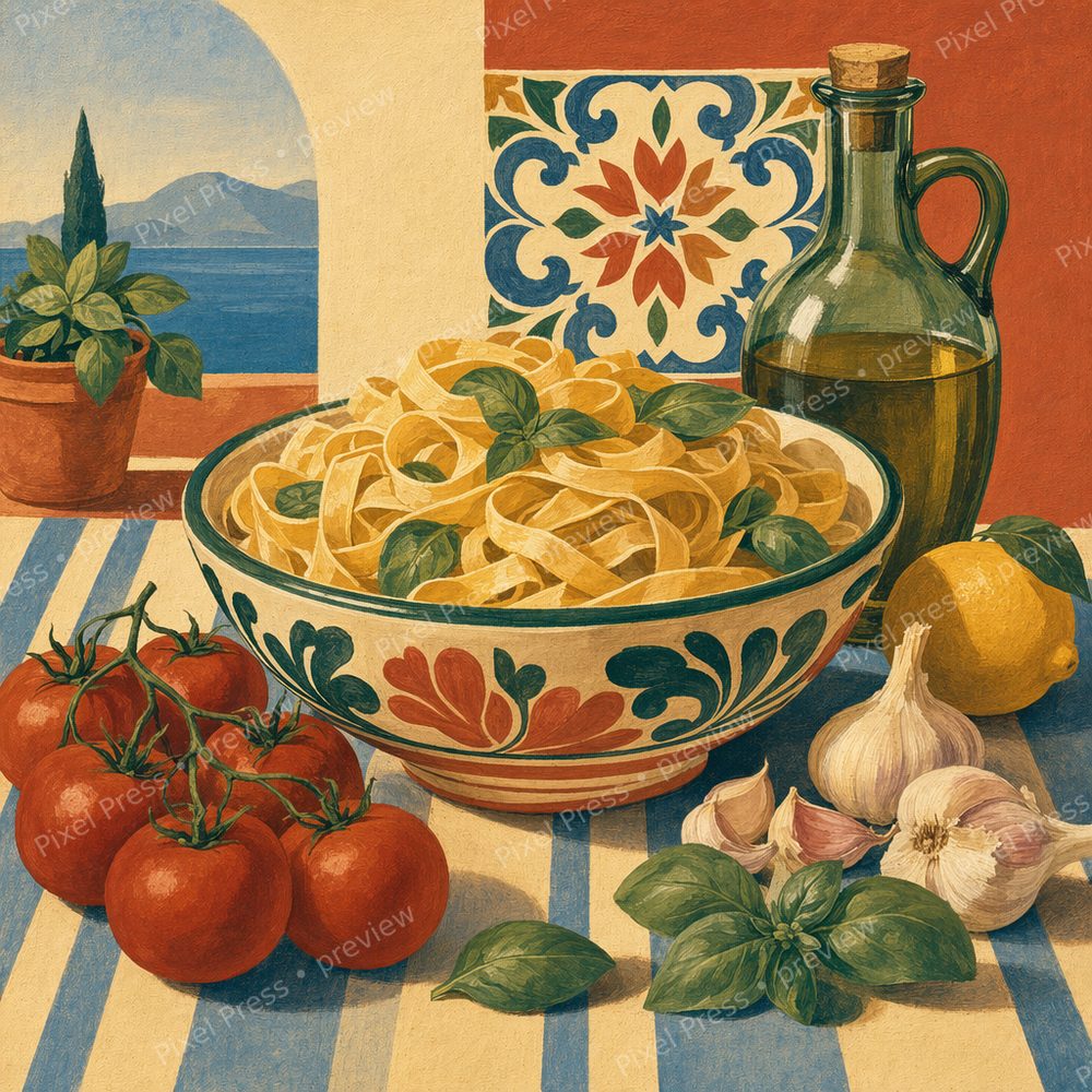 Retro Italian Pasta Kitchen Wall Art Set, Pasta Kitchen Printable Set, Vintage Italian Food Wall Art Bundle, Mid Century Kitchen Prints — artwork preview (watermarked)