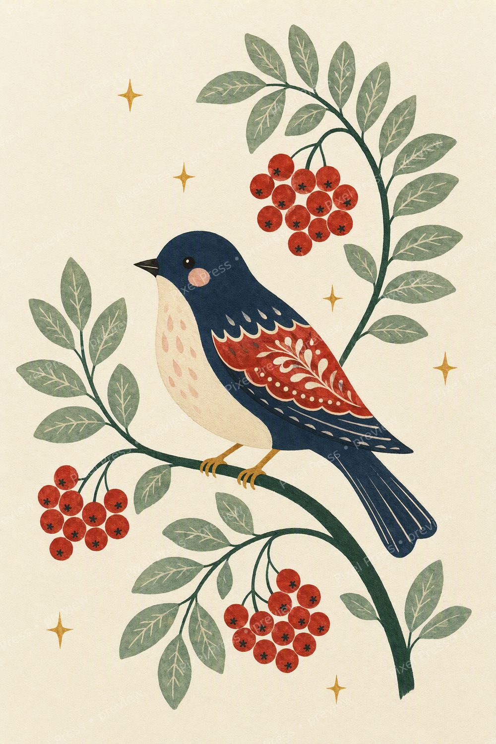 Nordic Christmas Wall Art Printable Set, Scandinavian Folk Bird & Red Berry Prints — artwork preview (watermarked)