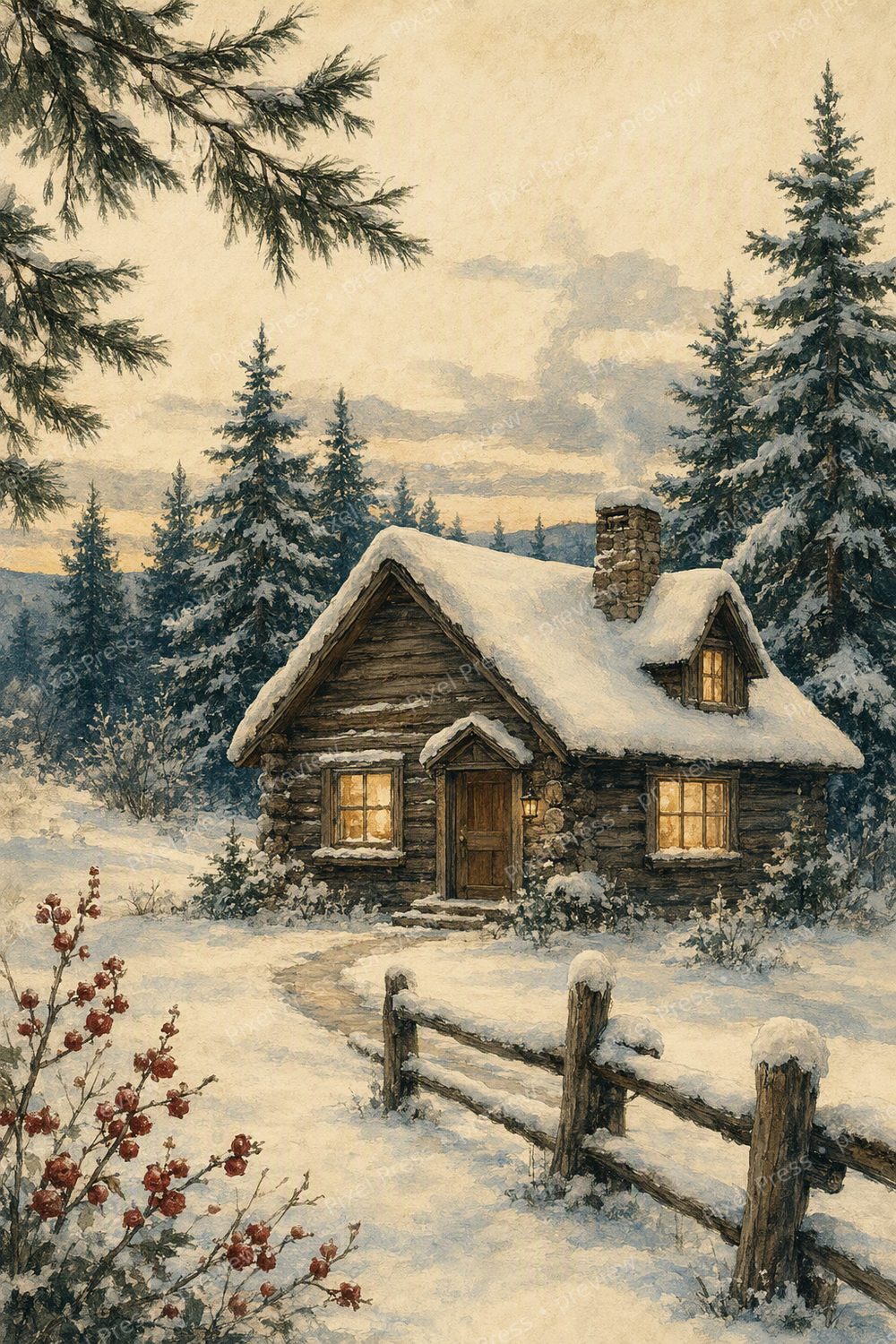 Winter Kitchen Wall Art Printable Set, Cozy Cabin Coffee Bar Decor — artwork preview (watermarked)