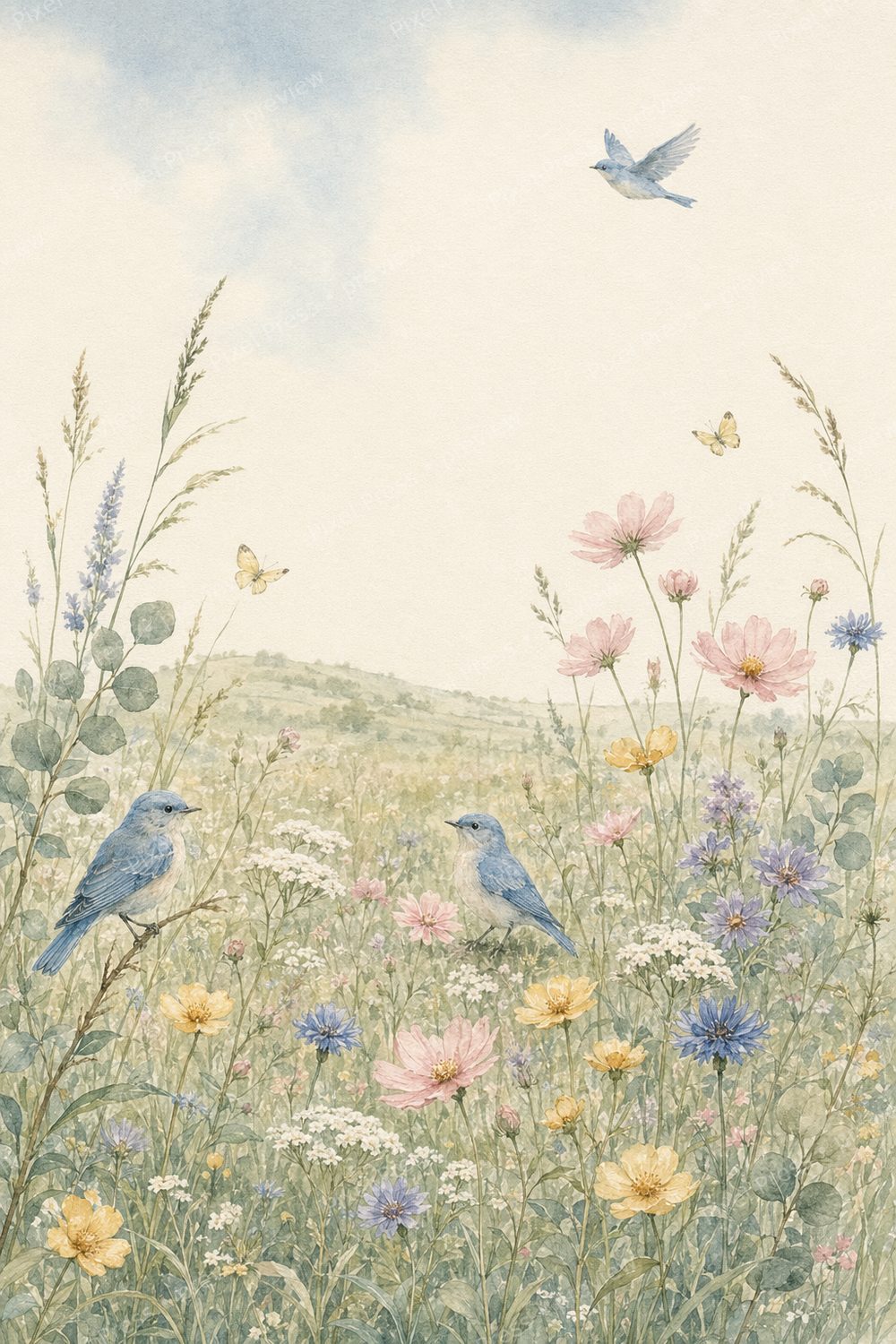 Spring Wildflower Nursery Wall Art Set of 6, Watercolor Butterfly & Bluebird Floral Prints — artwork preview (watermarked)
