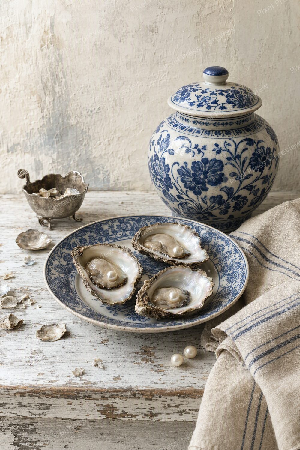Vintage Oyster Wall Art Printable Set, Blue and White Coastal Kitchen Decor — artwork preview (watermarked)
