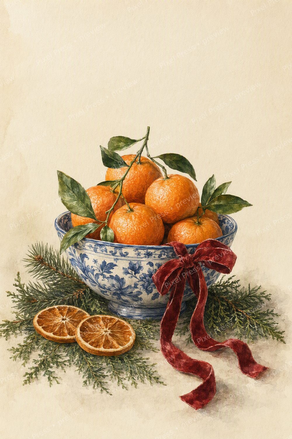Christmas Citrus Wall Art Printable Set, Vintage Watercolor Clementine & Red Velvet Bow Prints — artwork preview (watermarked)
