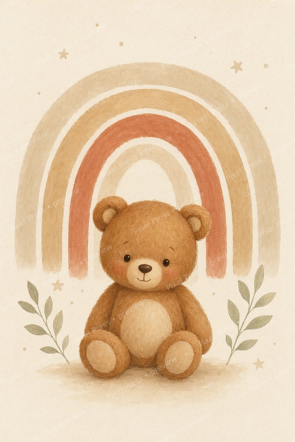 Neutral Teddy Bear Nursery Wall Art Printable Set, Boho Baby Room Decor — artwork preview (watermarked)