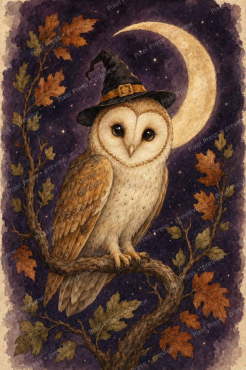 Spooky Cute Owl Halloween Wall Art Printable Set, Vintage Watercolor Barn Owl Decor — artwork preview (watermarked)