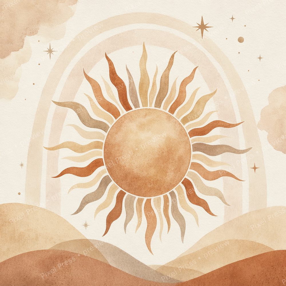 Boho Celestial Nursery Wall Art Set, Neutral Nursery Wall Art Set, Warm Boho Nursery Prints, Sun Moon Star Nursery Decor — artwork preview (watermarked)