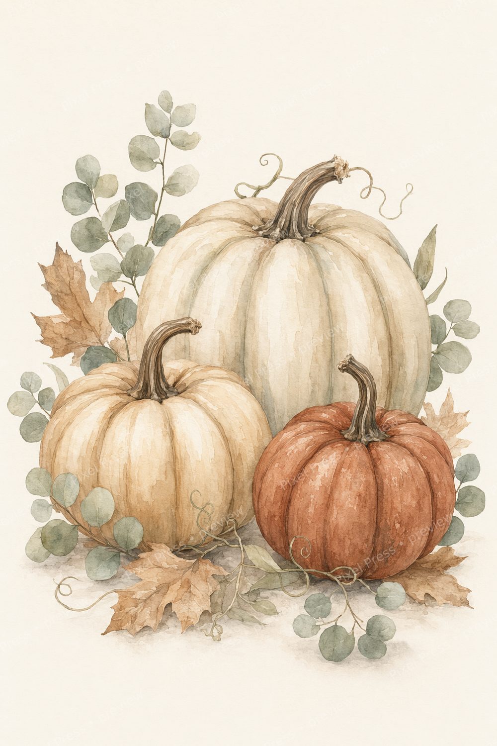 Neutral Fall Wall Art Printable Set, Watercolor Pumpkin Wall Art Set of 6, Autumn Pumpkin Printable Wall Decor Bundle — artwork preview (watermarked)