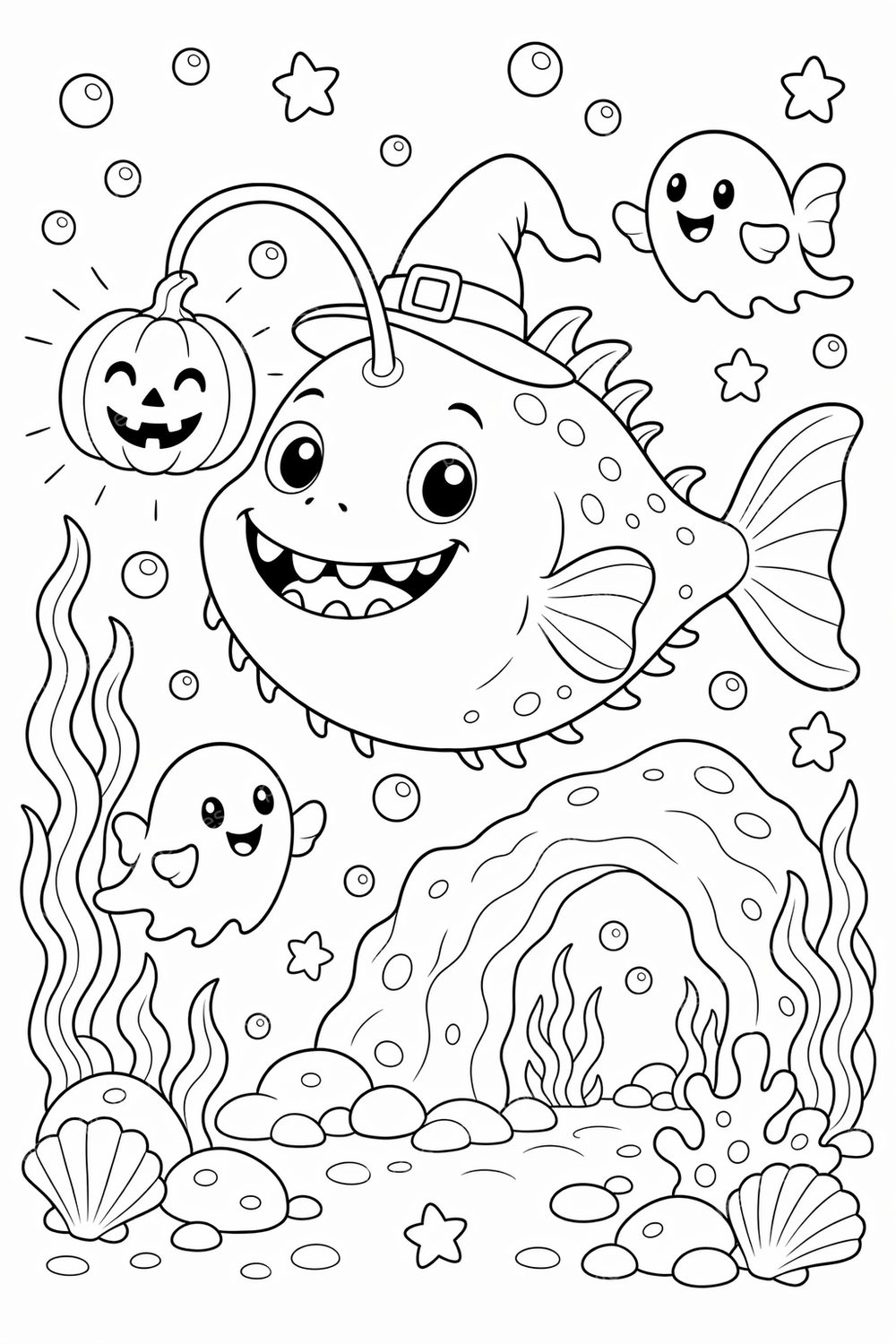 Spooky Ocean Animal Coloring Pages, Halloween Sea Creature Printable Pack — artwork preview (watermarked)