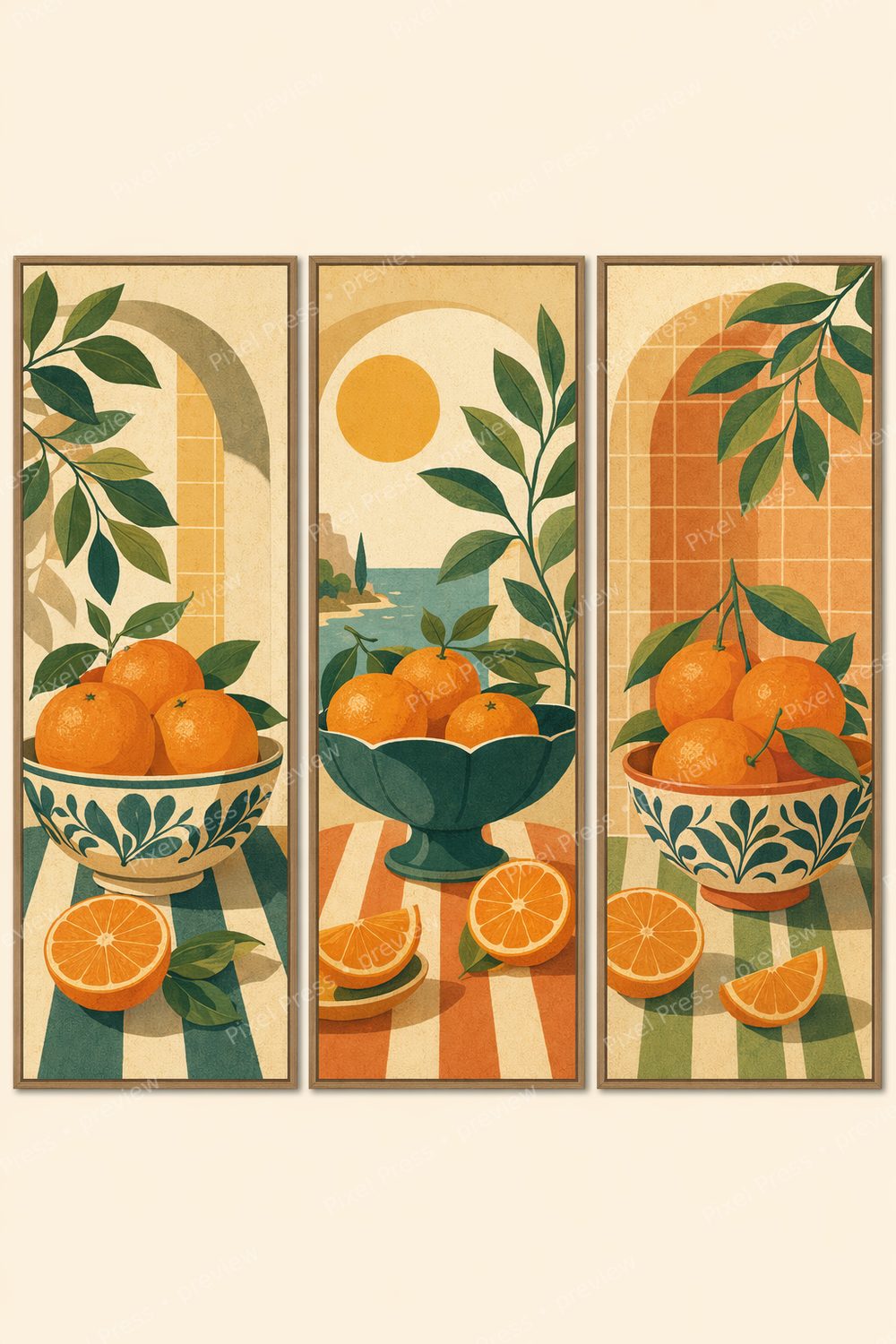 Retro Citrus Kitchen Wall Art Set, Printable Lemon Orange Kitchen Prints, Vintage Fruit Kitchen Wall Art, Mid Century Citrus Poster Set of 6 — artwork preview (watermarked)