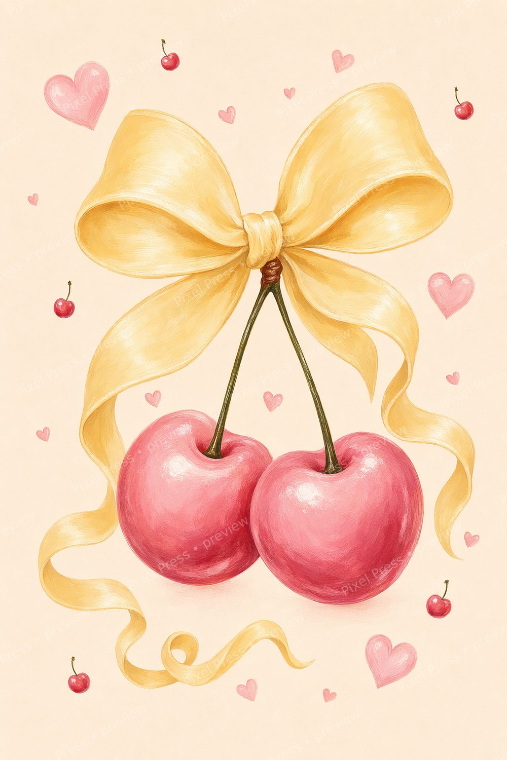 Pastel Valentine Kitchen Wall Art Printable Set, Coquette Pink Cherry Bow Decor — artwork preview (watermarked)