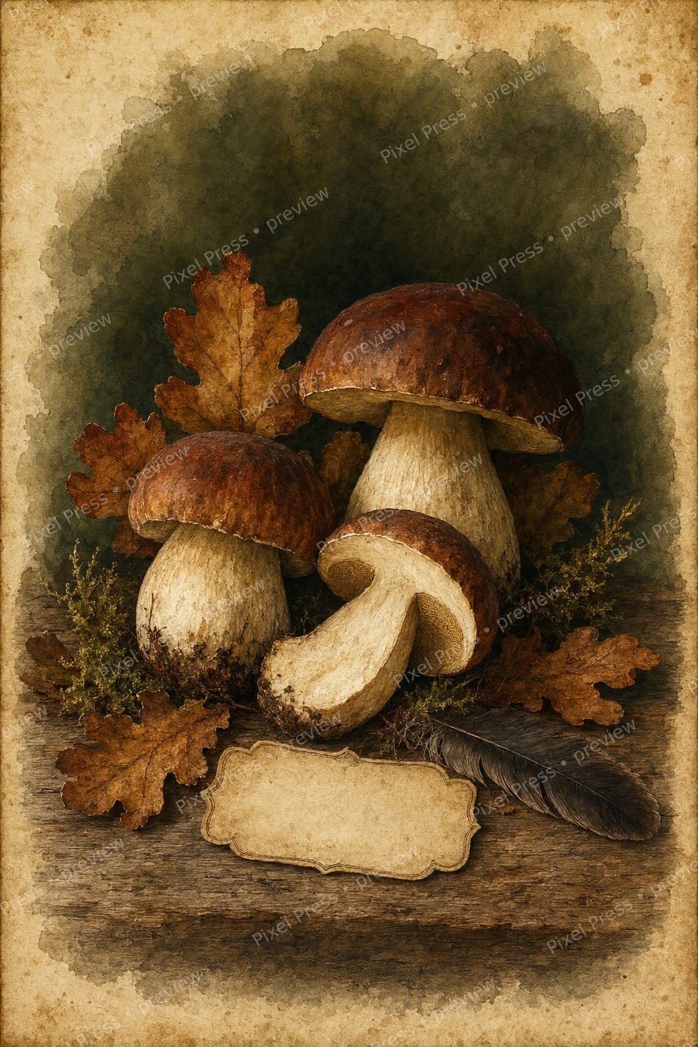 Fall Mushroom Wall Art Printable Set, Vintage Moody Autumn Botanical Gallery Wall — artwork preview (watermarked)