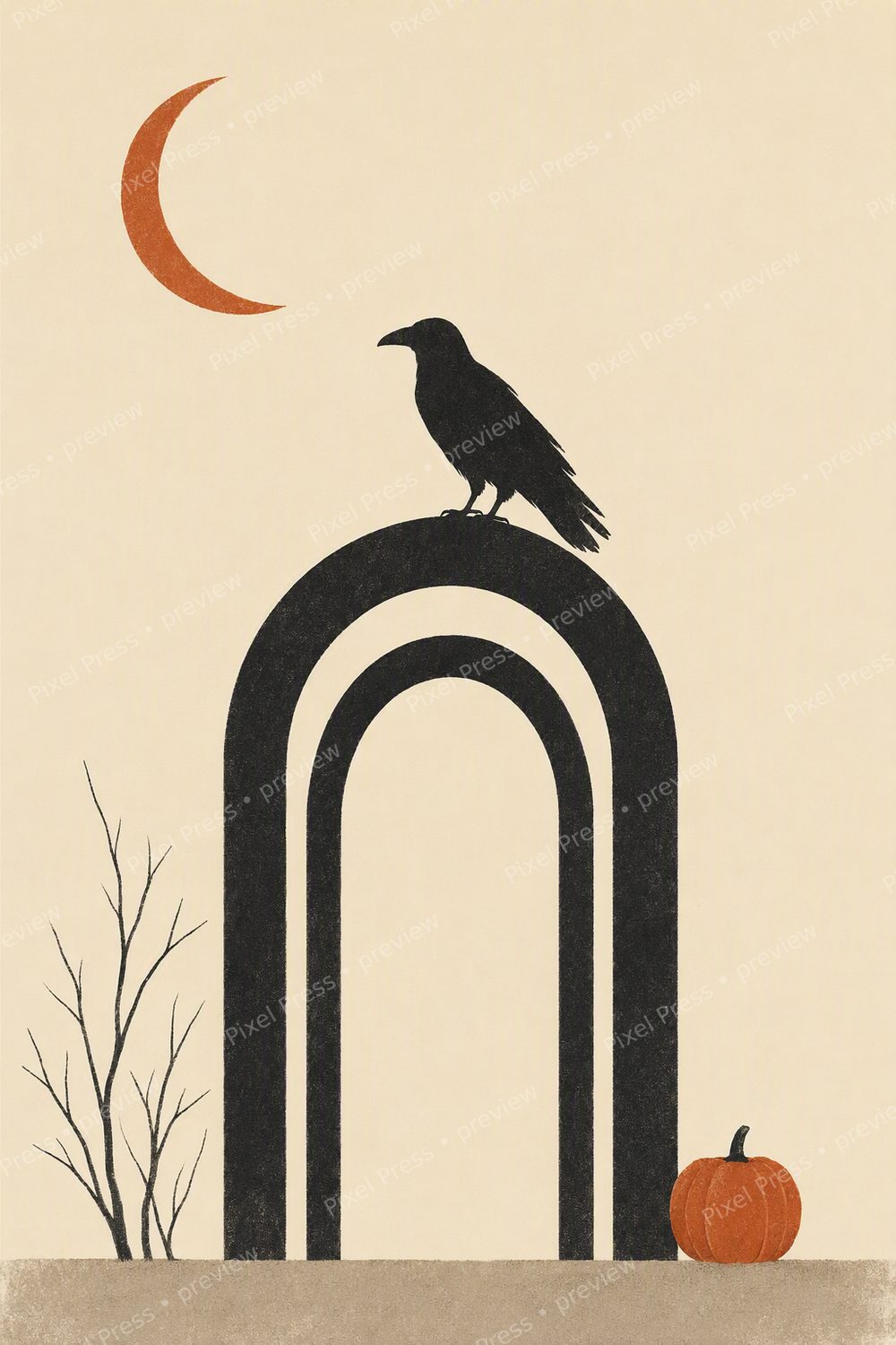 Minimalist Halloween Wall Art Printable Set, Scandinavian Raven Moon Gallery Wall — artwork preview (watermarked)