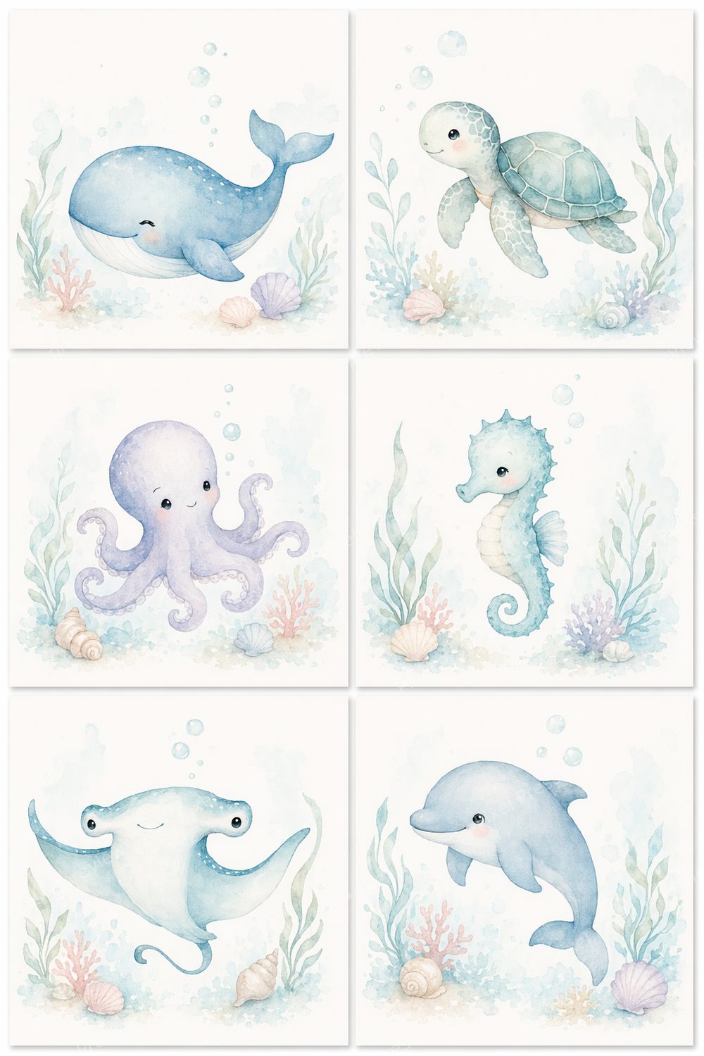 Quadros Decorativos Infantil Fundo do Mar em Aquarela Suave | Kit 6 Artes para Quarto de Bebê Oceano — artwork preview (watermarked)