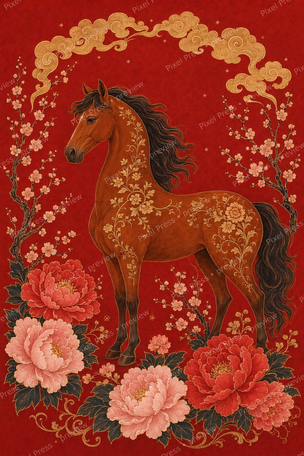 Year of the Horse Wall Art Printable Set, 2026 Lunar New Year Decor — artwork preview (watermarked)