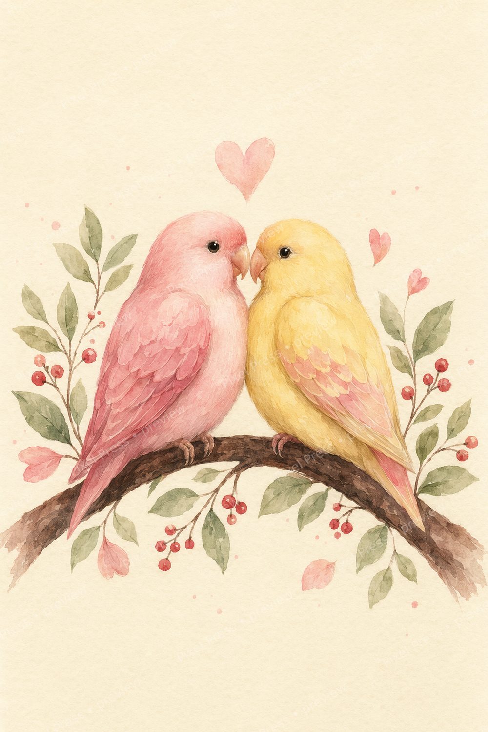 Pastel Valentine Wall Art Printable Set, Lovebirds & Heart Gallery Wall Decor — artwork preview (watermarked)