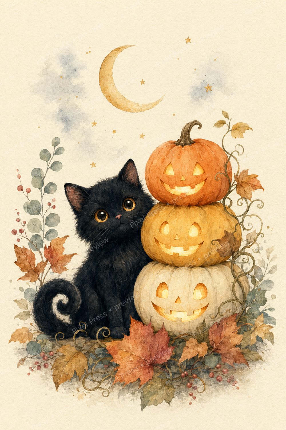 Watercolor Black Cat Halloween Wall Art Printable Set, Spooky Cute Pumpkin & Moon Gallery Wall, 6 Kids Prints — artwork preview (watermarked)