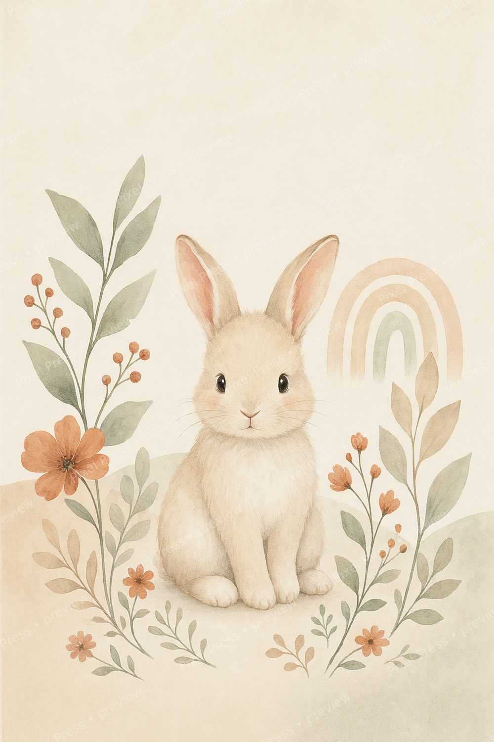 Affiche chambre bébé scandinave lapin – Set de 6 posters muraux sauge & terracotta pour chambre bébé — artwork preview (watermarked)