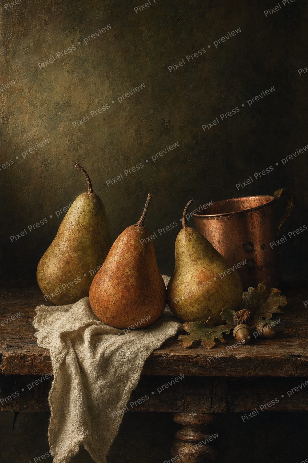 Fall Kitchen Wall Art Printable Set, Moody Autumn Harvest Still Life, Pear & Fig Vintage Decor Bundle — artwork preview (watermarked)