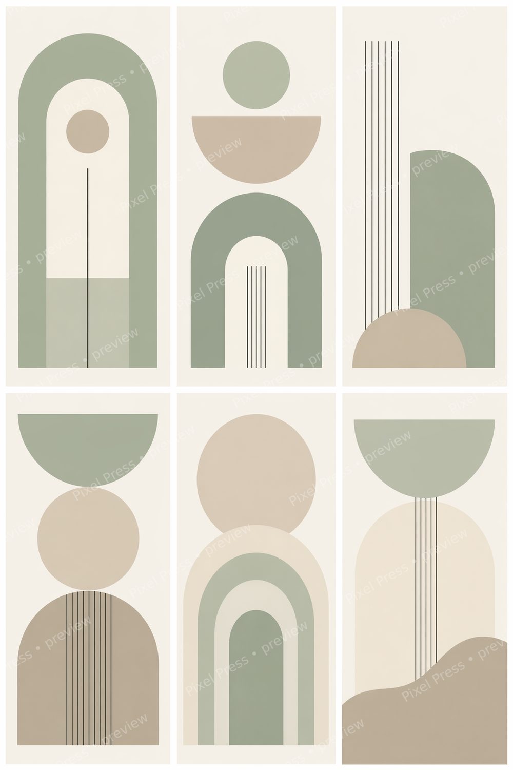 Minimalist Bathroom Wall Art Printable Set, Sage Green Geometric Bathroom Prints, Modern Spa Bathroom Wall Decor Digital Download, Set of 6 — artwork preview (watermarked)