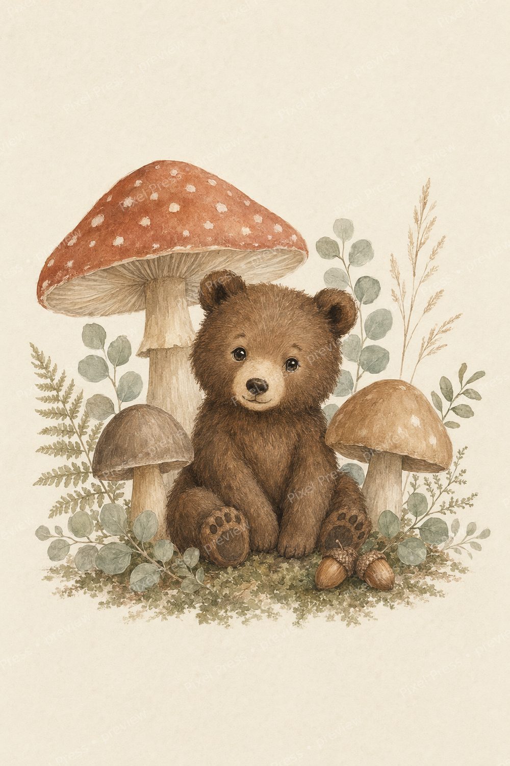 Boho Woodland Nursery Wall Art Printable Set, Neutral Mushroom & Sage Forest Animal Prints — artwork preview (watermarked)
