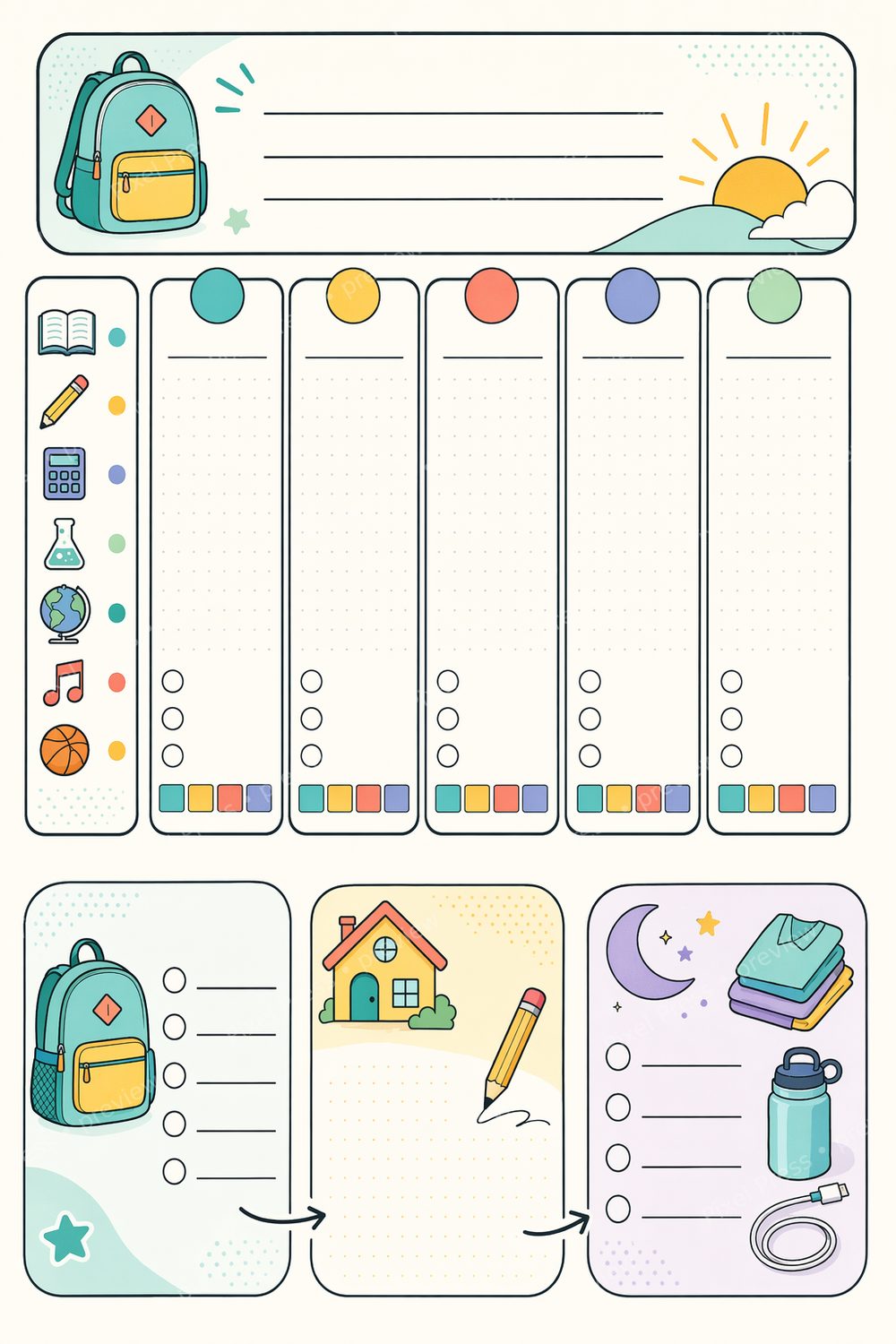 ADHD Middle School Planner Printable Bundle | Visual Homework Routine & Backpack Checklist — artwork preview (watermarked)