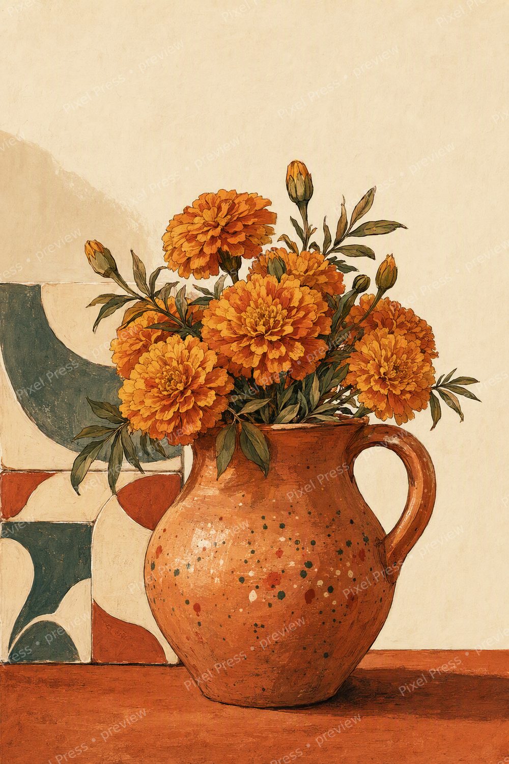 Láminas Decorativas Cocina Mexicana Imprimibles | Set Hacienda Moderna de Barro, Nopal y Flores — artwork preview (watermarked)
