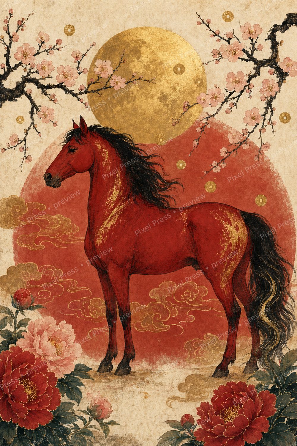 Year of the Horse 2026 Wall Art Printable Set, Lunar New Year Red Gold Decor — artwork preview (watermarked)