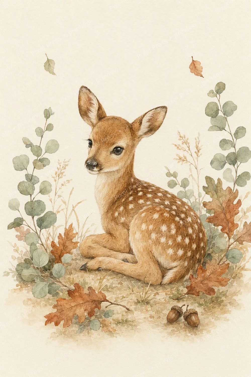 Autumn Woodland Nursery Wall Art Printable Set of 6, Watercolor Fawn Bunny Squirrel Prints — artwork preview (watermarked)