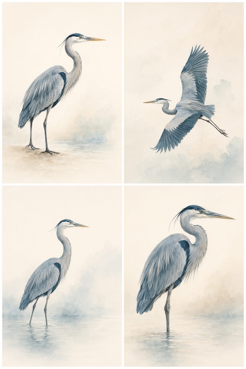 Minimalist Blue Heron Bathroom Wall Art Printable Set of 6, Coastal Spa Bird Bathroom Decor, Modern Coastal Bathroom Wall Decor Printable — artwork preview (watermarked)