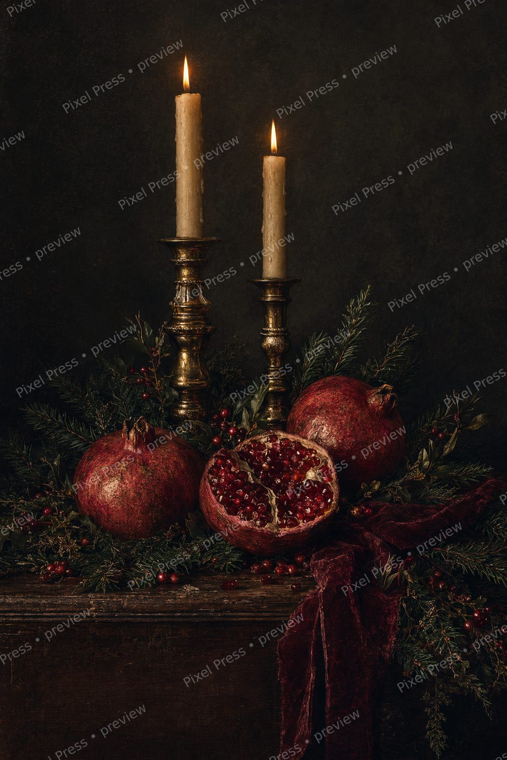 Dark Academia Christmas Wall Art Printable Set, Moody Vintage Pomegranate & Candle Decor — artwork preview (watermarked)