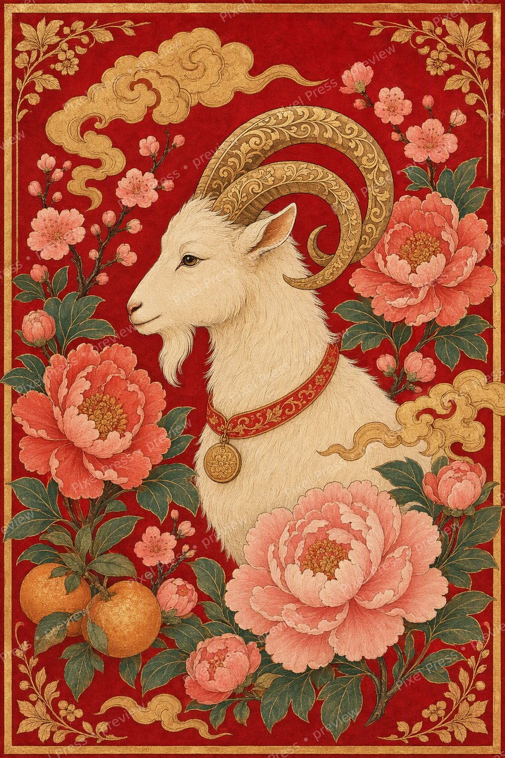 2027 Year of the Goat Wall Art Printable Set, Lunar New Year Red Peony & Gold Decor — artwork preview (watermarked)