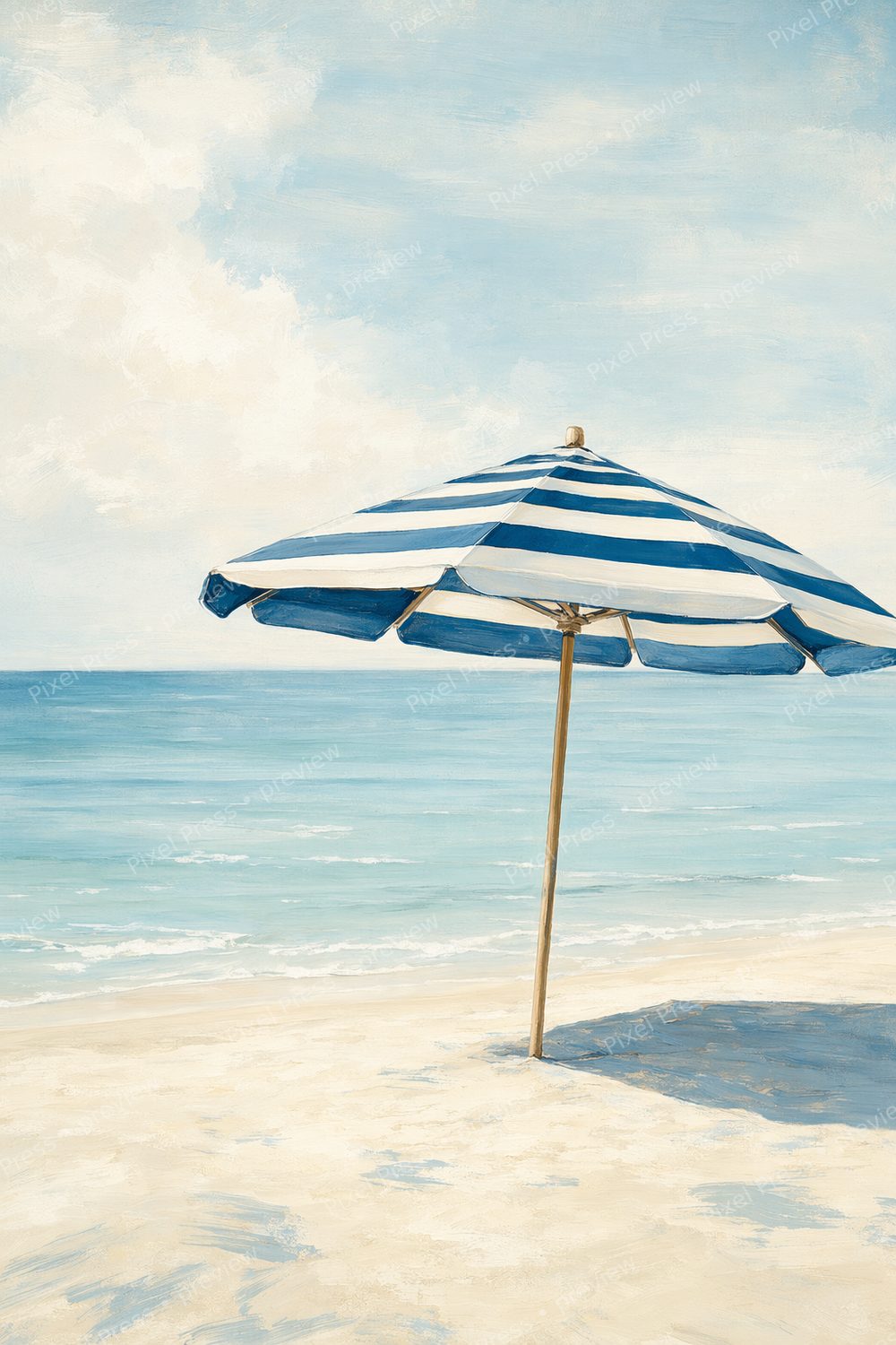 Summer Beach Wall Art Set Printable, Blue Beach Umbrella & Striped Cabana Coastal Wall Art Bundle, Beach House Decor Print Set — artwork preview (watermarked)