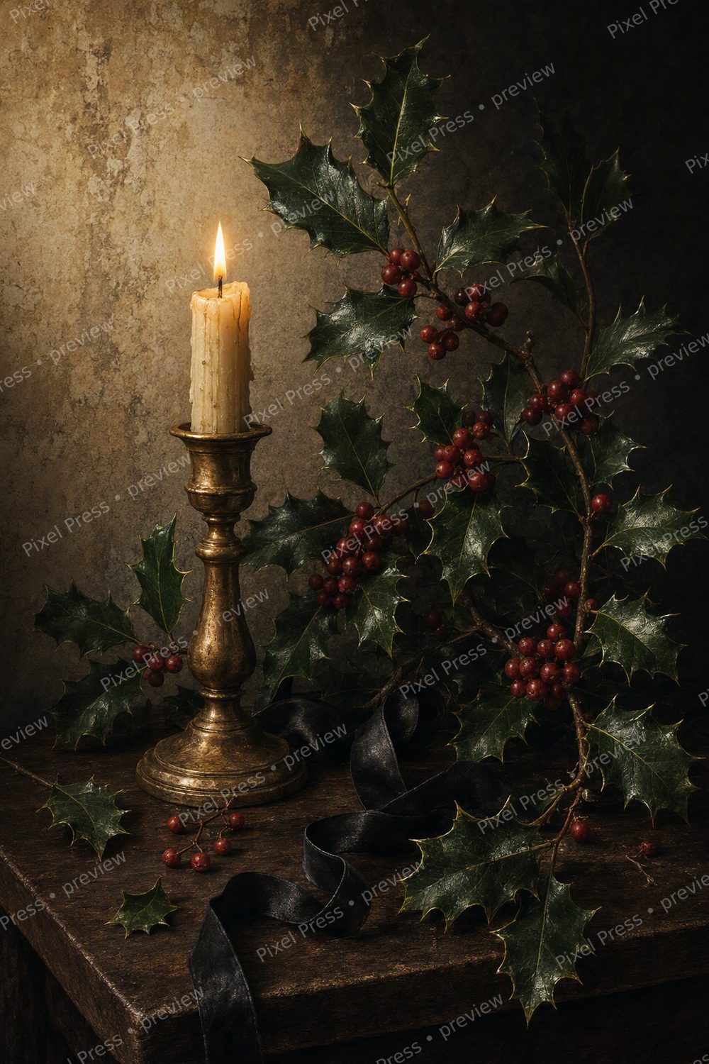 Dark Academia Christmas Wall Art Printable Set, Moody Botanical Holiday Gallery Wall — artwork preview (watermarked)