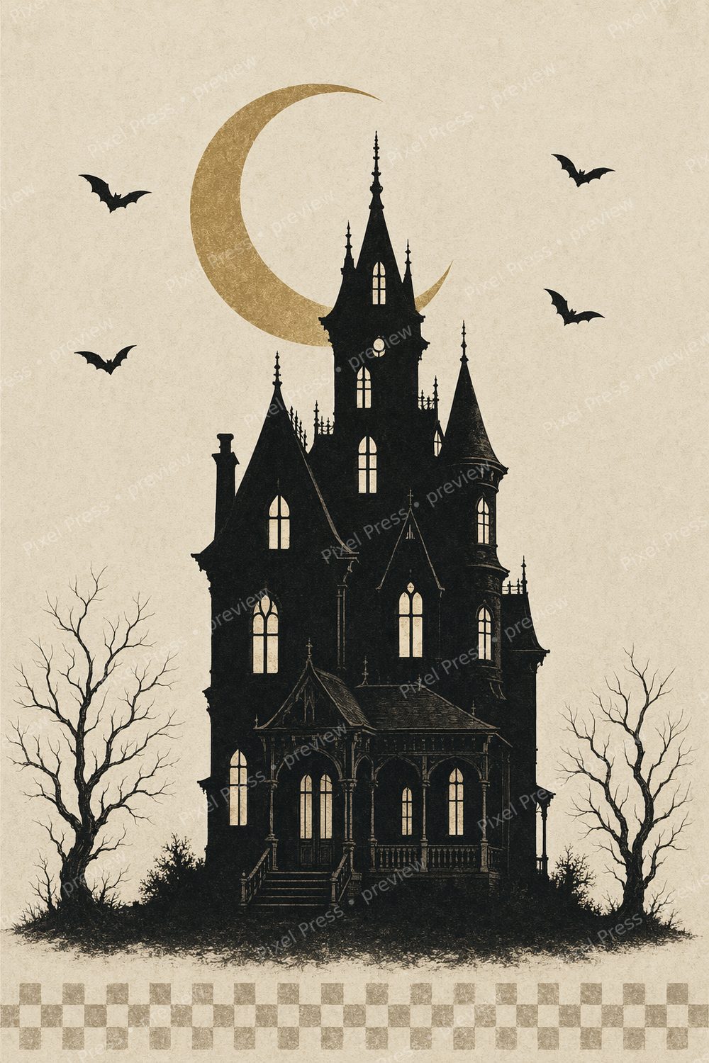 Minimalist Haunted House Halloween Wall Art Printable Set, Neutral Black Cream Gallery Wall Prints — artwork preview (watermarked)