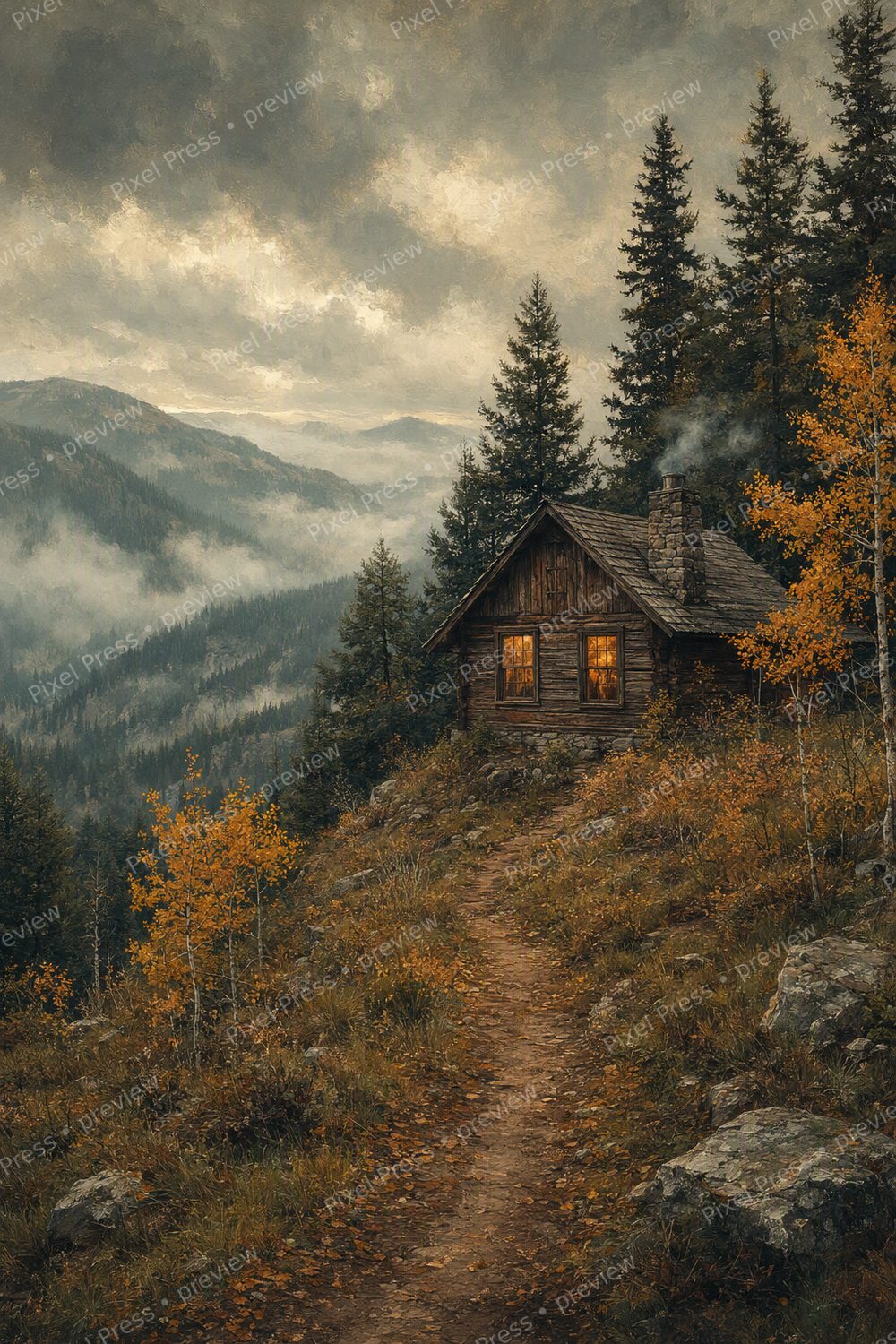 Autumn Mountain Cabin Wall Art Printable Set, Moody Fall Cabin Decor — artwork preview (watermarked)